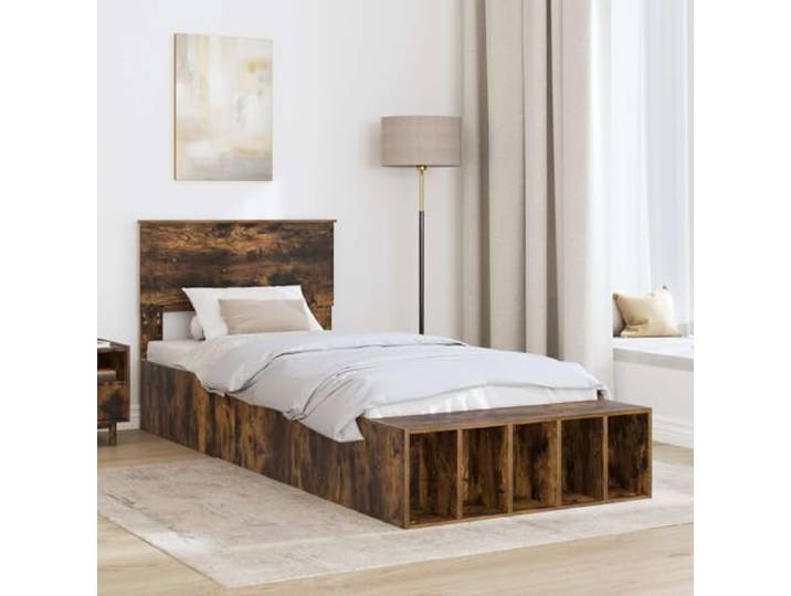 KTHLBRH Bettgestell Eiche Rauchgrau 100 x 200 cm Holz Integrierter Behälter, Kopfteil inklusive, einfache Montage, modernes Design