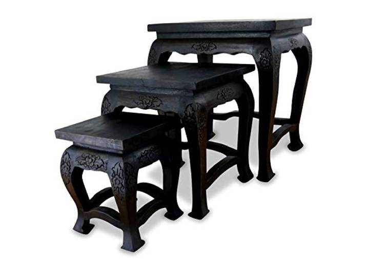 livasia Opiumtische aus Massivholz 3er Set – 30/40/50cm hoch – Handgeschnitzte Beistelltische Holz aus Thailand, Nachhaltig & Elegant (Schwarz)