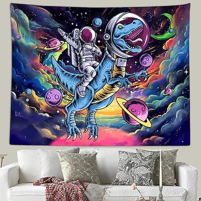 Psychedelischer Astronaut surft im Weltraum, Galaxie, Nebel, Planeten, Sterne, Regenbogen, leuchtende Farben – Wandteppich für Schlafzimmer, Spielzimmer, Studentenwohnheim, ästhetische