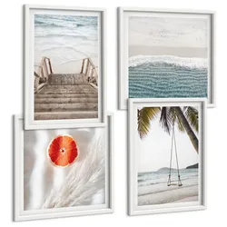 BILDER SET 4er Set - 50x50 cm & 40x60 cm Weißer Rahmen - Strandatmosphäre dank hölzerner Treppen.