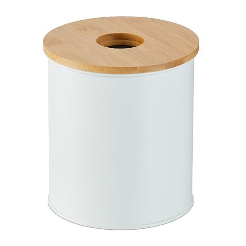 Relaxdays Badkamer prullenbak met bamboe deksel, wit, 2 liter