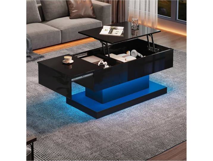 Lemonbest Table basse relevable table de salon avec LED et Espace de Rangement 100x50x45cm Design Coulissant latéralement Noir