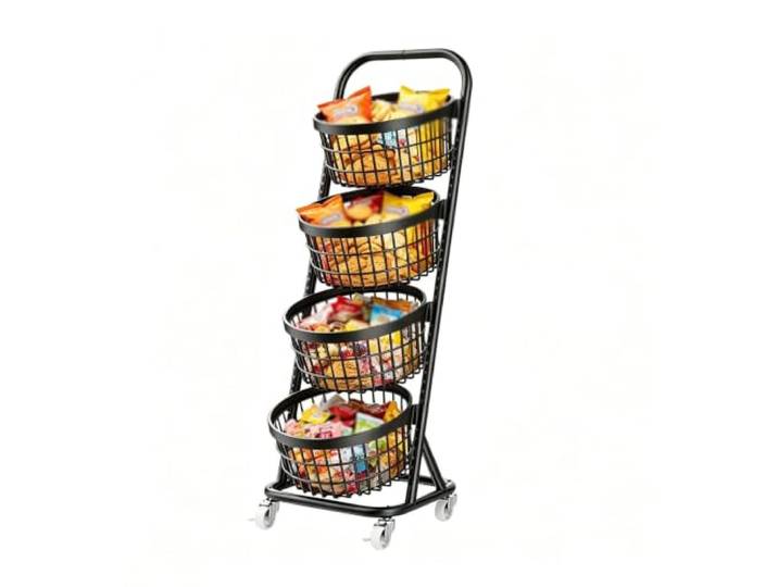 Dexinhdh Snack-Organizer-Ständer, Obstkorb, Gemüseständer mit Rollen Metall-Verkaufsregale für Laden, Supermarkt, Küche, Wohnzimmer, Schlafzimmer(Black,B)