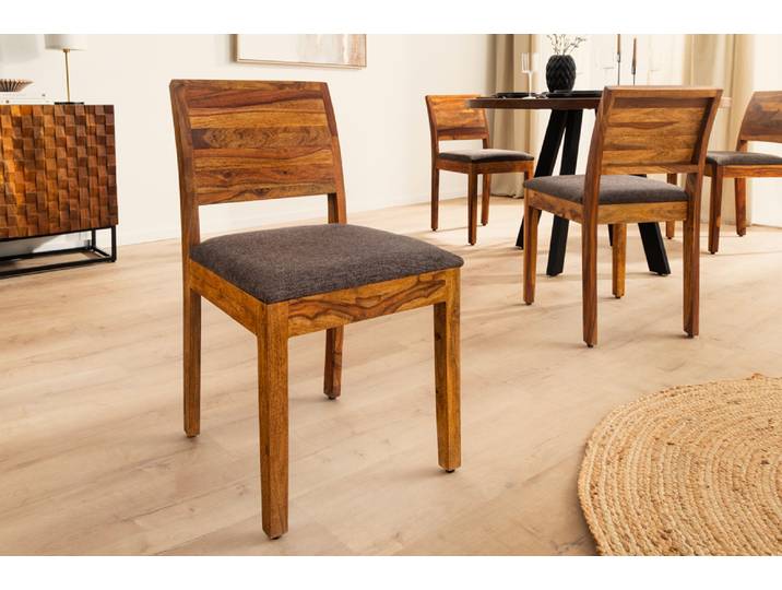 Massivholz Stuhl PURE braun stone finish graubraun Sheesham mit Strukturstoffbezug Esszimmerstuhl Küchenstuhl Klassisch