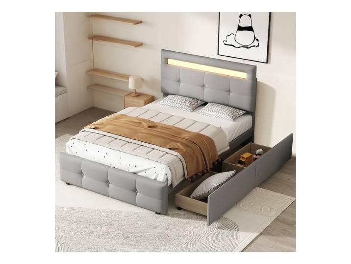 MODFU Polsterbett Kinderbett (mit LED-Licht & zwei Schubladen, Leinen 90×200 cm), Inklusive Matratze