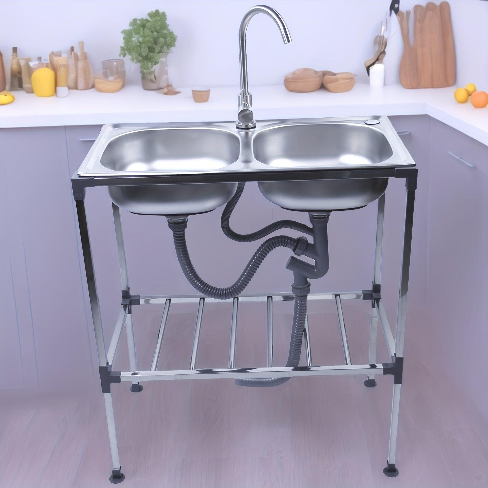 Freistehende Spüle mit doppelter Waschbecken und Mischwasserhahn (Kalt- und Warmwasser) für Küche und Außenbereich