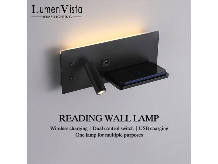 Lampe murale LED moderne multifonctionnelle avec charge sans fil, interface USB, veilleuse de chambre, éclairage de décoration intérieure