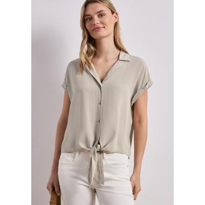 Hemdbluse STREET ONE, Damen, Gr. 46, beige (timeless beige), Stoff, 100% Viskose, unifarben, normal normal, V-Ausschnitt, normaler Saum, Blusen Hemdbluse, mit Knoten am Saum