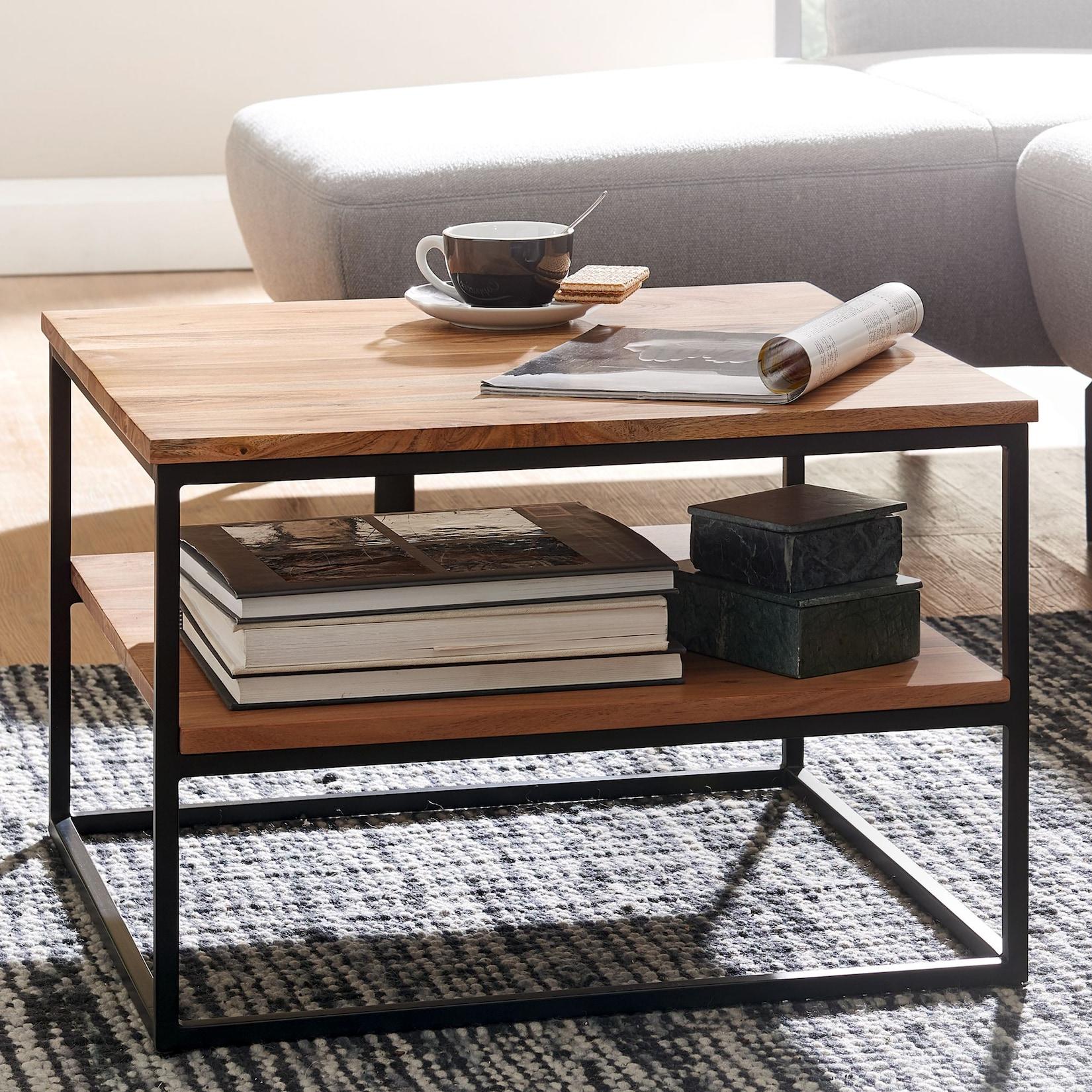 FineBuy Couchtisch quadratisch 60cm Akazie Massivholz Wohnzimmertisch 2 Ablagen