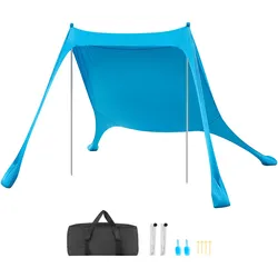 VEVOR Strandzelt mit Sonnenschutz (UPF 50+) 2,3 x 2,3 x 2 m Grundfläche, Strandmuschel mit Stützstangen & Sandschaufeln, Tragbares Sonnensegel für Familienausflüge Camping Angeln Blau