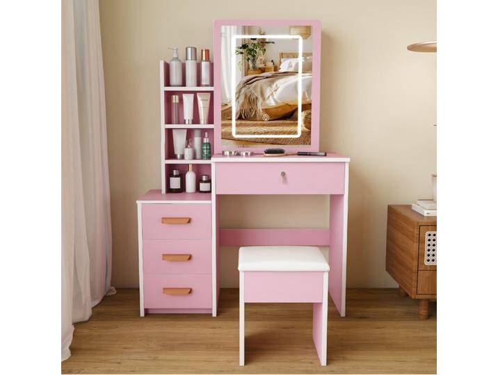 Coiffeuse avec miroir LED 3 modes 4 tiroirs étagères latérales tabouret inclus rose 85x36x130 cm ORVRYN