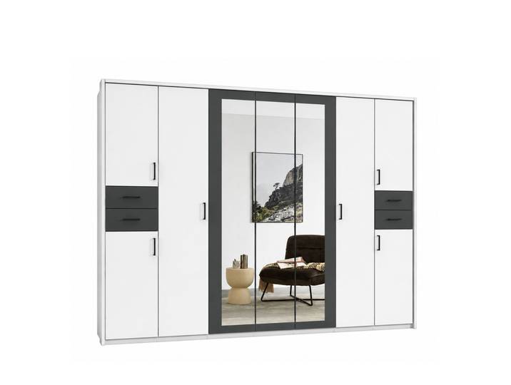 Drehtürenschrank Kleiderschrank 313cm Passepartout Spiegel Weiß, Griffe schwarz / 22584