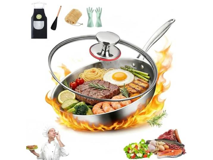 HOPASRISEE 2026 Titan Pfanne, Okura Titan Pfanne, Unbeschichtete Titanium Pan 28/30/32 cm mit Deckel, Kratzfest & Antihaft, Geeignet für Induktion und Alle Herdarten, Ofenfest(32CM,Mit Abdeckung)