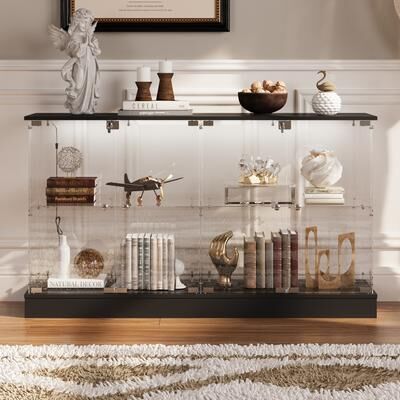 FUFU&GAGA Black Bookcase Glass Display Cabinet with LED Lights, Modern Storage Showcase for Bags, Shoes, Liquor & Collectibles