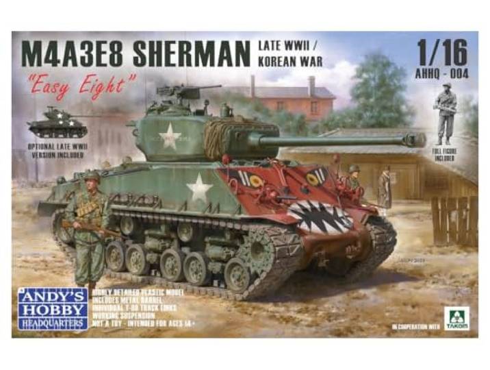 M4A3E8 Sherman Easy Eight 1:16 Panzer Bausatz – Late War/Korean War Modell – Plastikmodell Andy’s Hobby Headquarters AHHQ-004 – bewegliche Ketten & Federung, Figur, Metallrohr, ungebaut, unbemalt