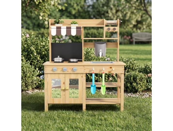 Acekool Holzspielküche mit Wasserbecken & Lernuhr, Matschküche für Kinder Indoor/Outdoor, Kaffeeautomat - Braun-weißes Dach