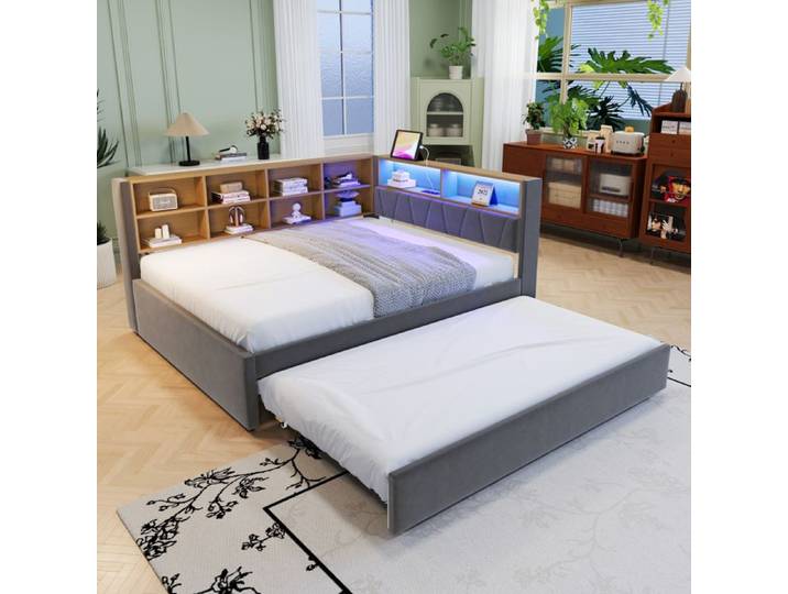 Canapé-lit 140x200 - KILISKY - Lit gigogne avec ports USB et LED - Flanelle - Gris Foncé - 2 places