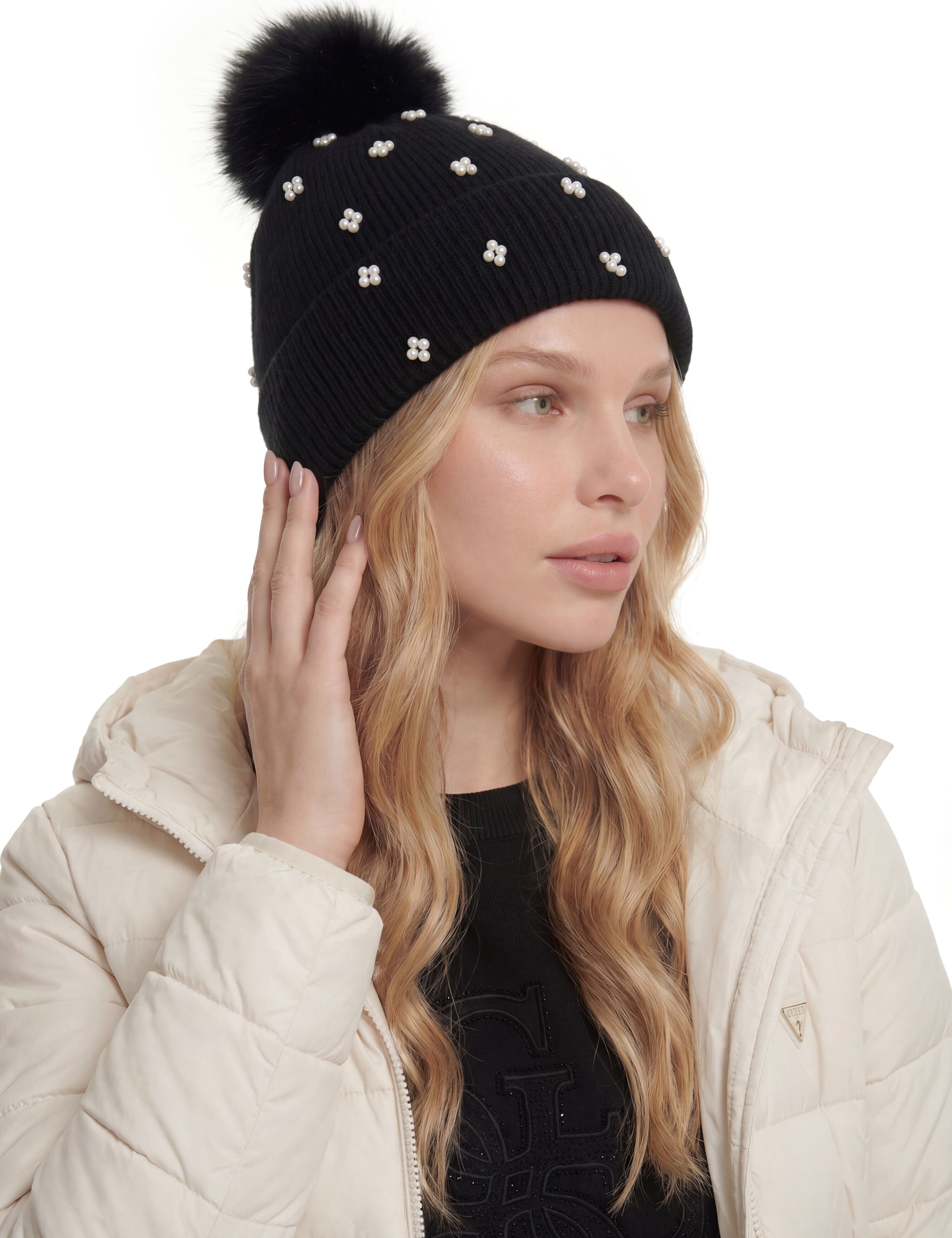 Bommelmütze GUESS "KNITTED BEANIE", Damen, Gr. M, schwarz, Strick, Materialmix, gemustert, Mützen Bommelmütze, mit Perlenverzierung schwarz M