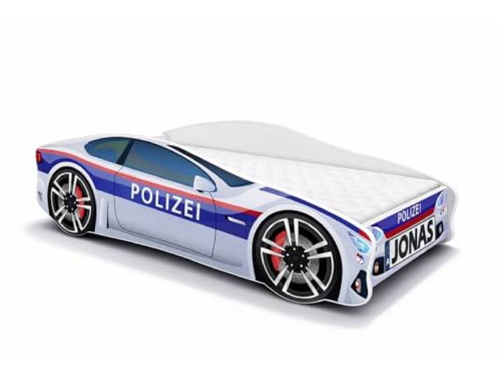 ACMA Autobett Polizei 160x80 cm personalisiert mit Name - Kinderbett Auto im Polizeiwagen Design mit Matratze und Lattenrost, Jugendbett mit Rausfallschutz, Modell Polizei 3, belastbar bis 150 kg