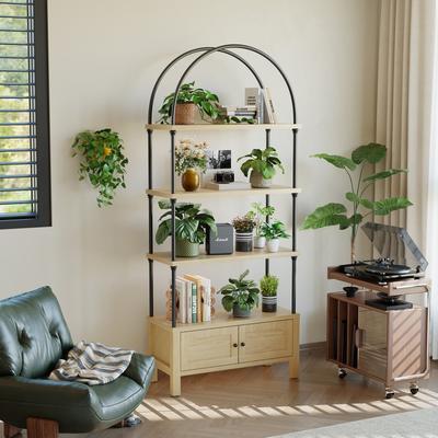 SUGIFT Arched Bookshelf with Door, 72-Inch Tall 5-Tier Storage Shelf with Cabinet, Modern Open Bookcase for Living Room or Home Office