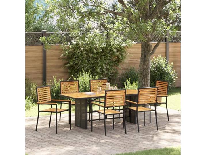 HEFZGDB 7-teiliges Garten Esszimmer Set mit rechteckigem Tisch und 6 stapelbaren Stühlen aus Akazienholz und Stahl für langlebige Outdoor-Möbel