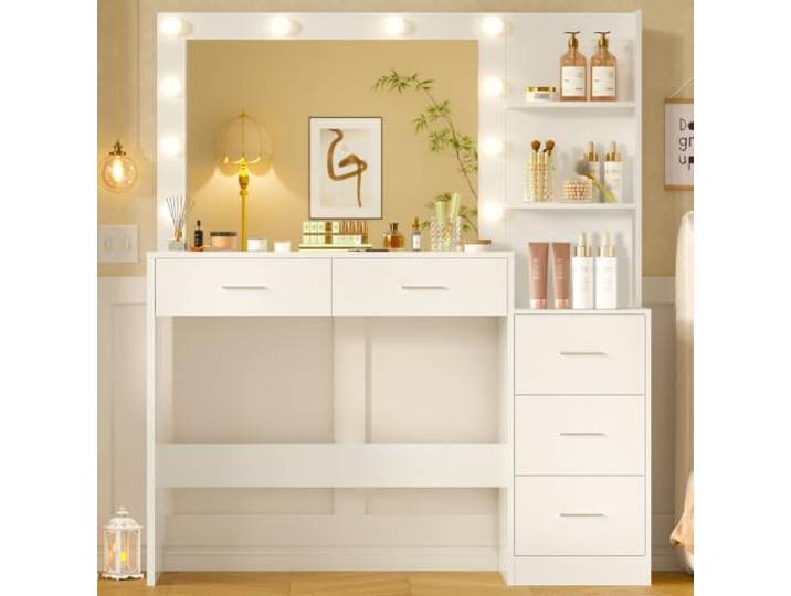 FIONESO 110cm Großer Schminktisch mit großem Spiegel und LED-Leuchten, Schminktisch mit 5 Schubladen, 2 offene Regale, Kosmetiktisch für Mädchen, Frauen und Schlafzimmer, Weiß