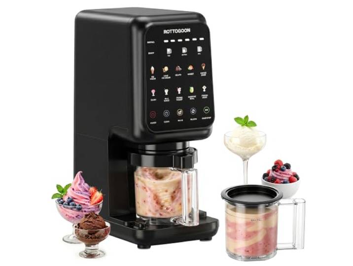 ROTTOGOON Eismaschine mit Mix In Funktion LED Touchscreen, Einfache 4 Schritte, 2-in-1 Softeismaschine, inkl. 3 Behältern, Sorbet, Gelato, Milchshakes, Frozen Yogurt