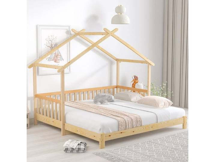 Lit cabane extensible en bois massif naturel convertible lit simple et double