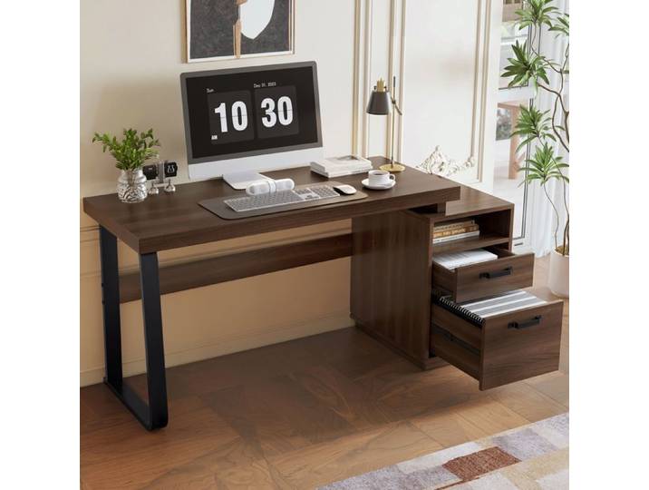 Bureau de travail - Bureau 135x54x76 cm avec rangement – 2 tiroirs et étagère – pour bureau à domicile - marron