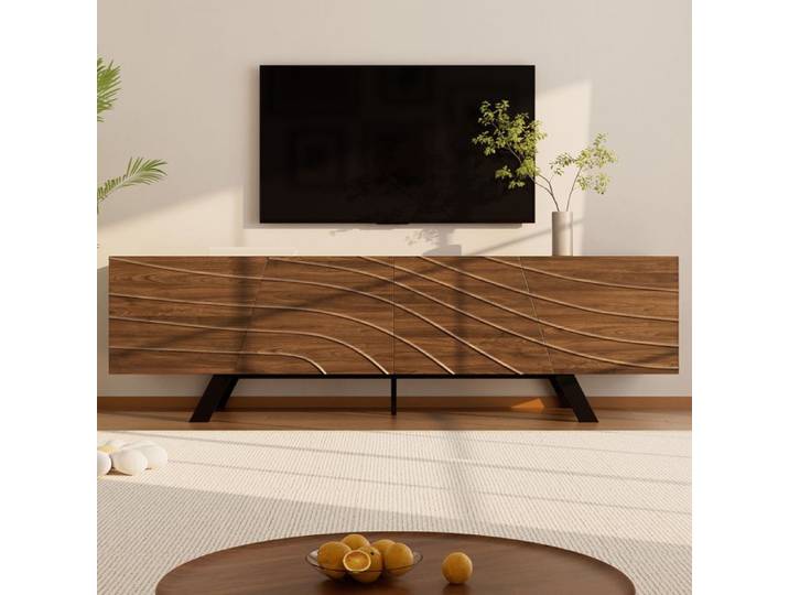 Meuble TV 160×39×50 5 cm portes ondulées meuble bas pieds en fer grand espace de rangement couleur noyer
