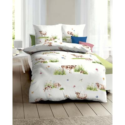 Bettwäsche KAEPPEL "Almauftrieb", grün, B/L: 140cm x 220cm, 1 Stk., 1 Stk., Mako-Satin, B/L: 70cm x 90cm, 2 Stk., Mako-Satin, Obermaterial: 100% Baumwolle, Bettwäsche, Bettwäsche, Mit Kühen
