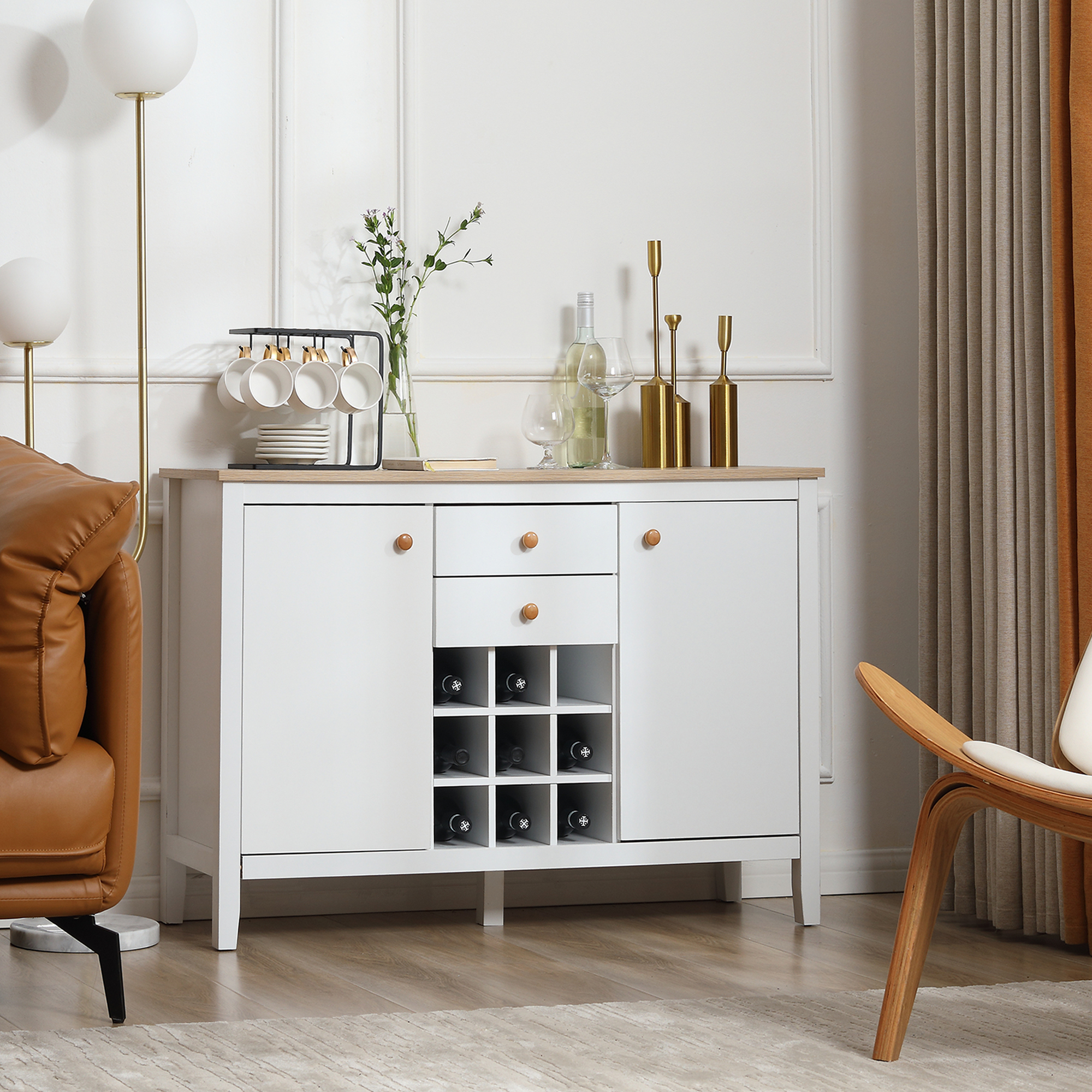 Homcom Buffet mobile da cucina con 2 cassetti, 2 porte ripiani regolabili e portabottiglie per 9 bottiglie, bianco