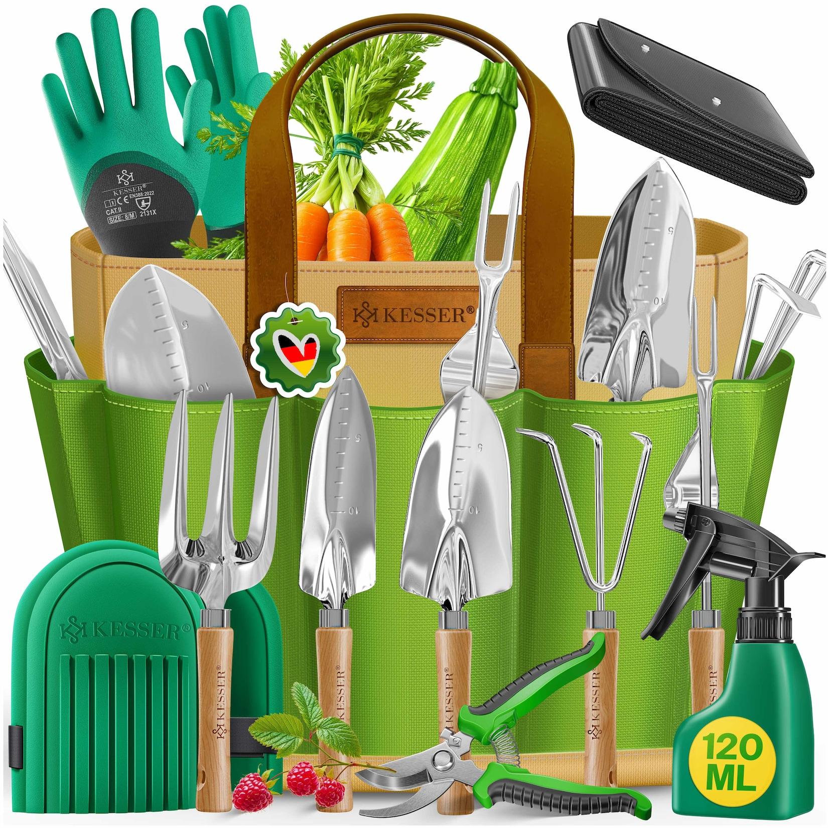KESSER® Gartenwerkzeug Set 10-teilig mit ergonomischen Holzgriffen inkl. wasserdichte Tasche aus 600D Oxford-Material, Knieschoner, Pflanzmatte, Sprühflasche, Gartenschere, Handschuhe für Gartenarbeit