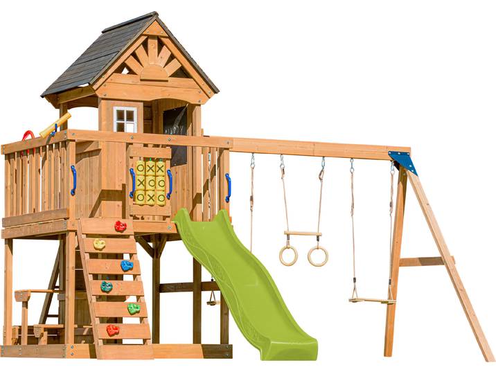 AXI Jack Spielturm aus Holz in Braun mit Doppelschaukel Spielplatz für Kinder mit hellgrüner Rutsche, Schaukel, Trapez, Kletterwand, Picknicktisch