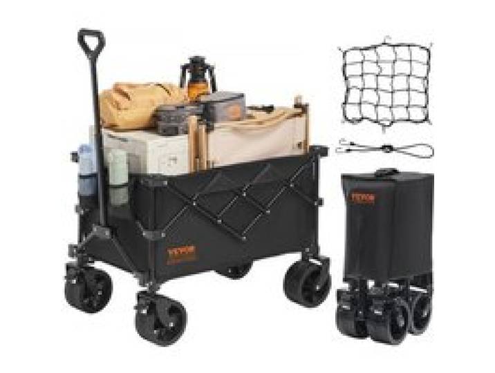 VEVOR Chariot de Jardin Pliable, Chariot de Transport de Plage 113 L Charge Max 250 lb avec Roues Tout Terrain, Porte-Boissons, Chariot de Sport Robuste pour Camping, Shopping, Jardin, Extérieur, Noir
