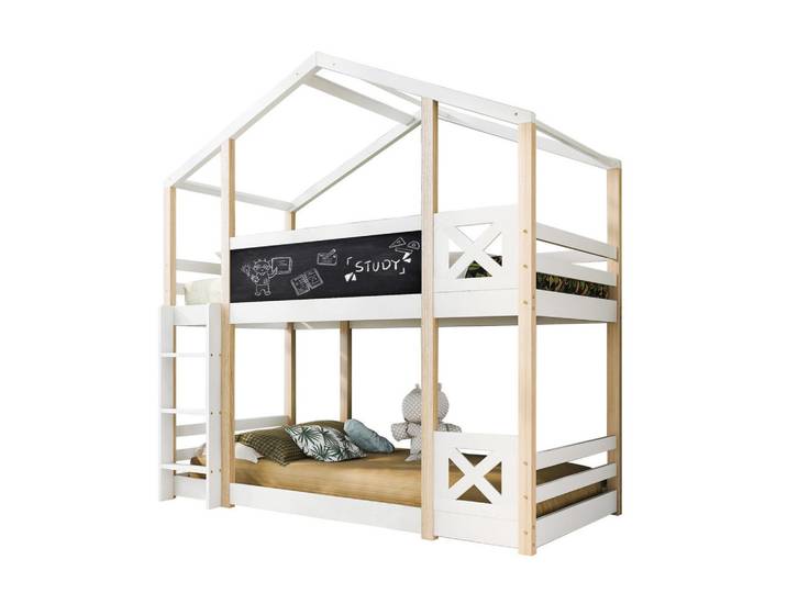 Modfu Etagenbett aus Massivholz 90x200 cm in Weiß mit Tafel & Leiter, Holz, 90x200 cm, Babymöbel & Kindermöbel, Kinderzimmer & Jugendzimmer, Stockbetten