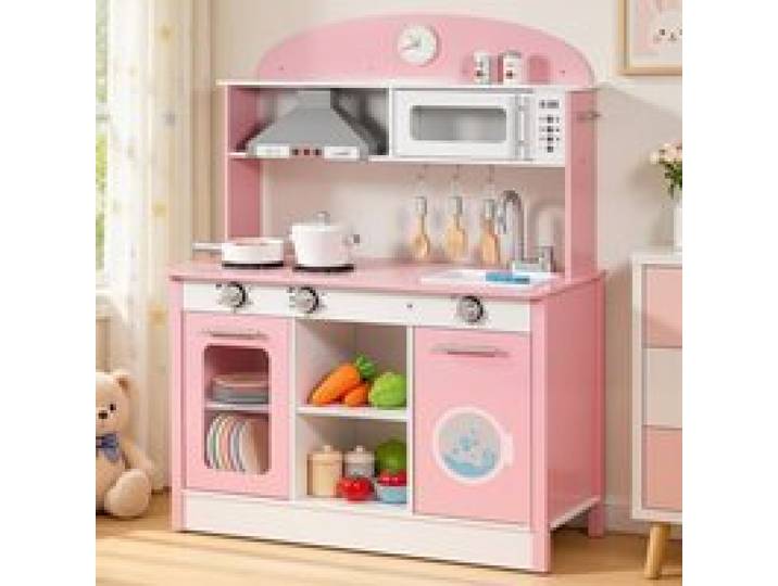 VEVOR Spielküche für Kinder, Kinderküche aus Holz mit Licht & Sound, Holzküche mit Herd Backofen Spüle Mikrowelle Dunstabzug & Geschirrspüler, Küchenspielzeug mit Kochset für Kinder ab 3 Jahren, Rosa