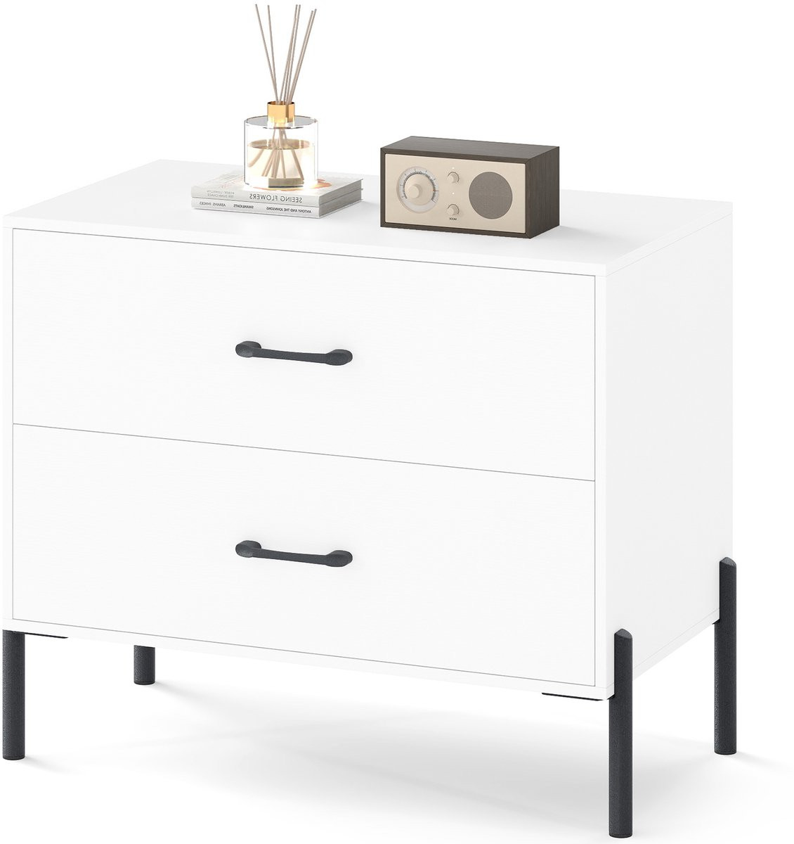 KOMFOTTEU Moderne Commode met 2 laden en metalen poten - Wit