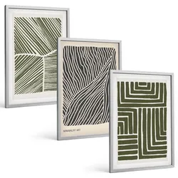 BILDER SET 3er Set - 40x60 cm Silberner Rahmen - Muster Linien Formen grün