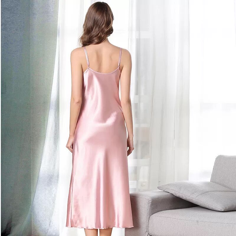INF 5020B Satin Nachthemd Elegantes V-Ausschnitt Chemise Nachtwäsche L Rosa