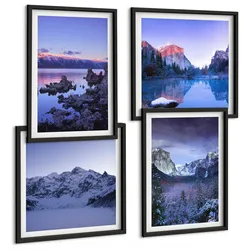 BILDER SET 4er Set - 50x50 cm & 40x60 cm Schwarzer Rahmen - Berglandschaften, Sonnenuntergang, Wasser