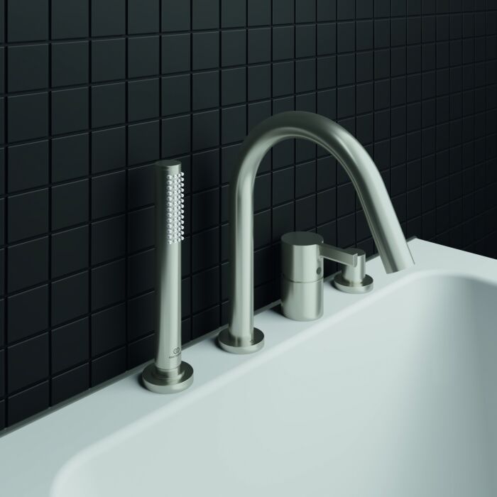 Ideal Standard Waschtisch-4-Loch-Armatur BC789GN für Wannenrandmontage, mit Auslauf, Silver Storm