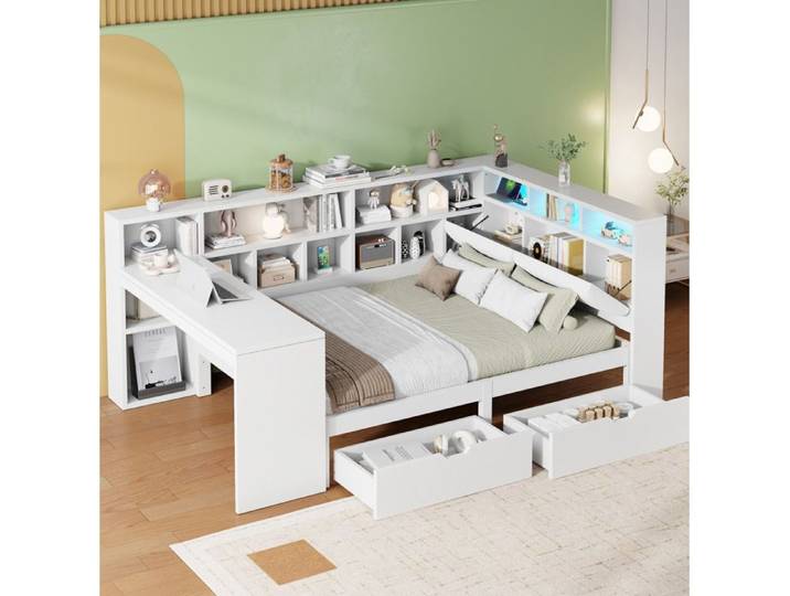 ELVORIN Lit plateforme en L 140 x 200 cm blanc bureau intégré LED tiroirs