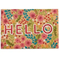 Relaxdays Fußmatte Kokos Hello Blumen Beige,Blau,Rot