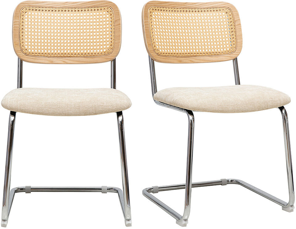 Miliboo Stoffbezogene Designstühle in texturiertem Beige-Samt-Effekt, verchromtes Metall und Rattan-Geflecht (2er Set) ELECTRA