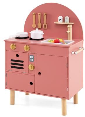 Costway Play Kitchen for Kids Wooden Kitchen Playset with Stoves Faucet Sink Microwave and Oven-Pink