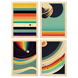 POSTER Set mit 4 Abstrakt Kugel Moderne Galaxien A3 Rahmen aus hellem Holz