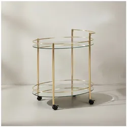 KADIMA DESIGN Goldener Servierwagen, Retro-Charme, 2 Glasplatten, rollbar, stabile Stahlkonstruktion, leicht zu reinigen.