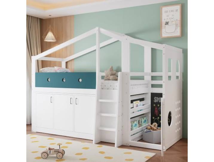 Crlnaup Halbhohes Kinderbett 90x200 cm in Hausform, Holz-Hochbett mit Spielbereich, Stauraumschrank und Leiter – platzsparendes Funktionsbett für Kinderzimmer