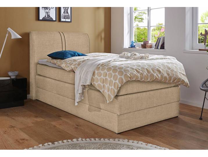Boxspringbett, Strukturstoff, Beige, 100×200 cm, Mit Bettkasten, Landhaus, Hapo